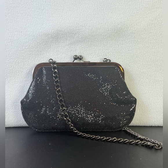 Express Black Sequined Clutch with Clasp Closure and Chain Strap - Picture 1 of 5